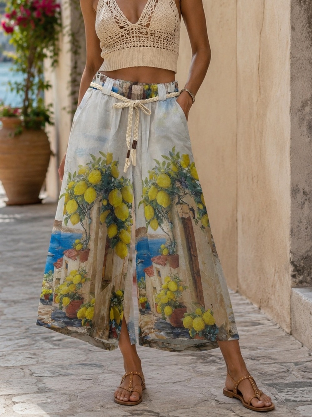 Cream Lemon-Print Wide Leg Pants with Drawstring Waist